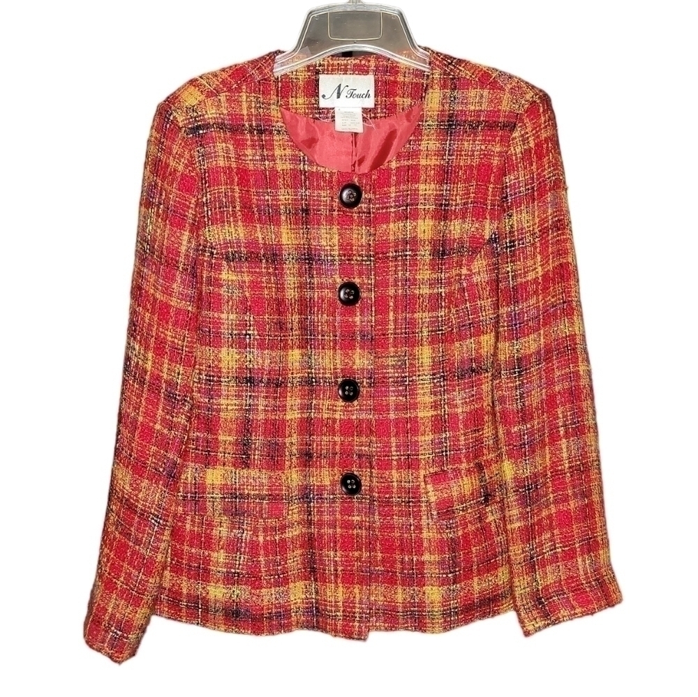 N Touch size 10 vintage plaid blazer multicolor acrylic, pockets on front